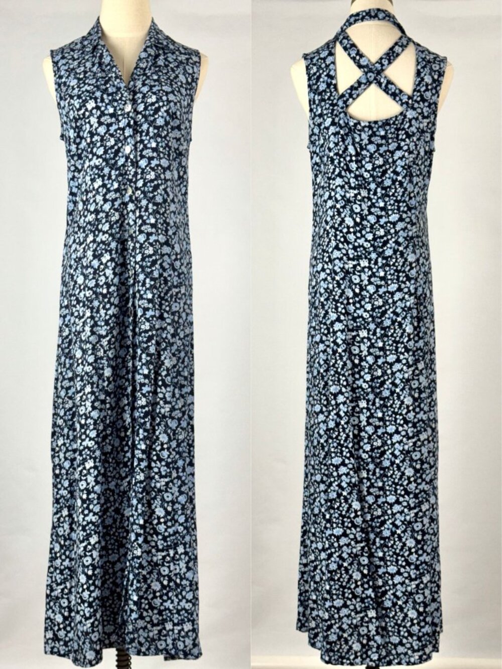 Vtg 90s Navy Blue Floral Butterflies Rayon Maxi Dress Button Front Sleeveless